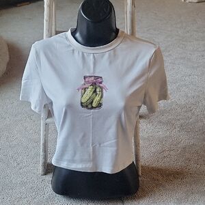 SHEIN White Tee with Pickle Jar Graphic